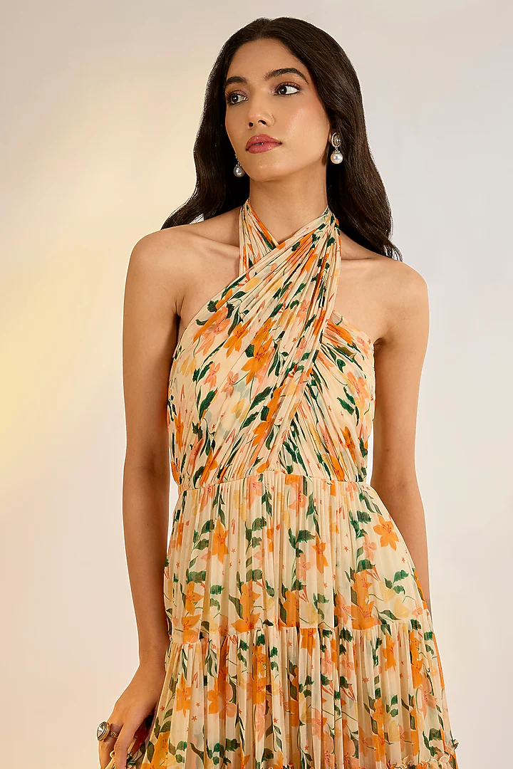 Yellow Georgette Floral Digital Printed Maxi Dress