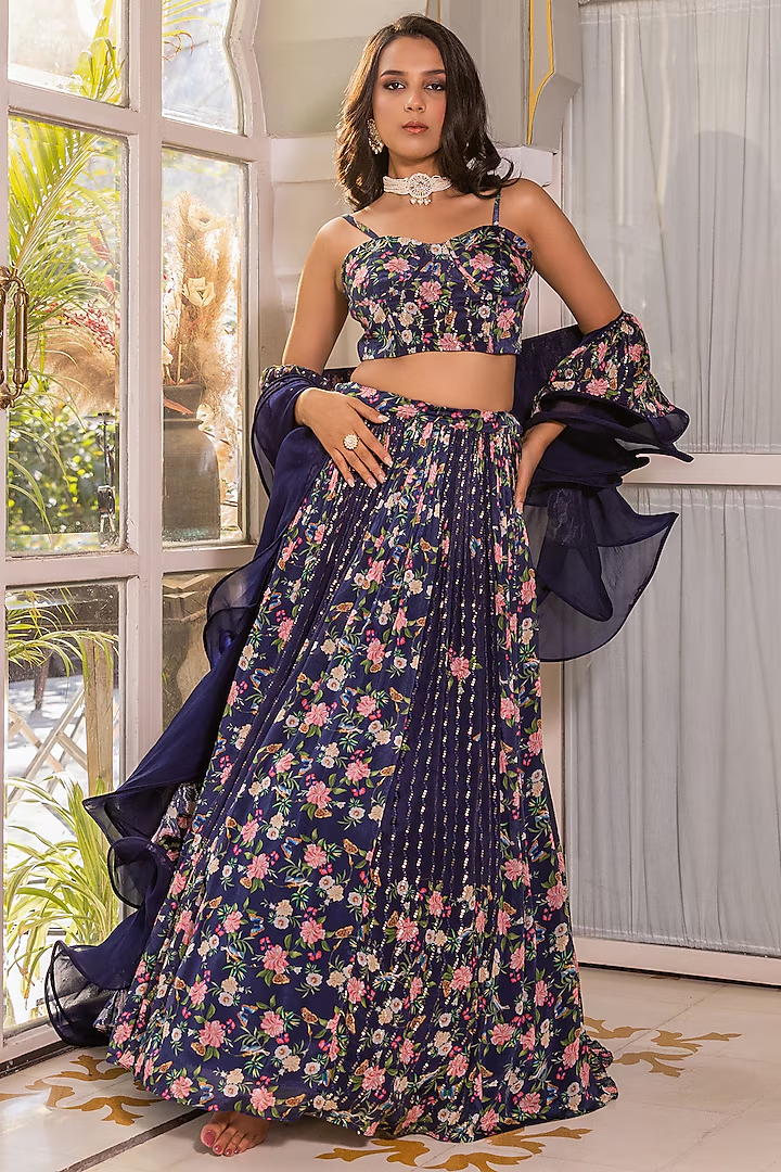Navy Blue Georgette Crepe Printed Lehenga Set