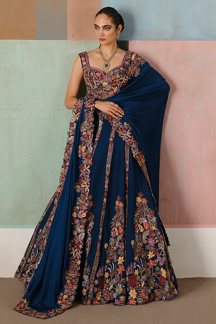 Navy Blue Organza Embroidered Lehenga Set
